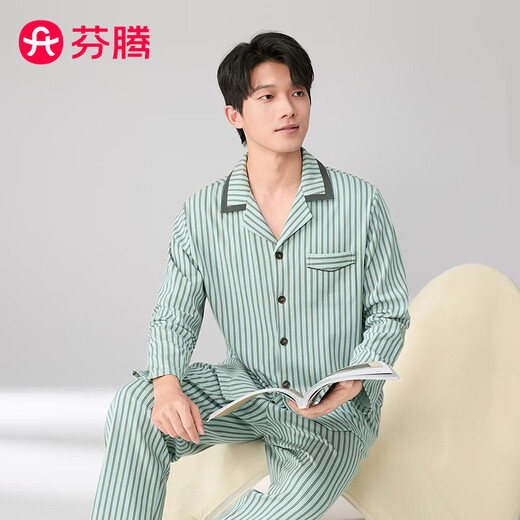 Fenton Pajamas Couple Category A+7A Antibacterial 2025 Autumn New 100% Cotton Striped Cardigan Lounge Wear Set Gray Green-Men's L
