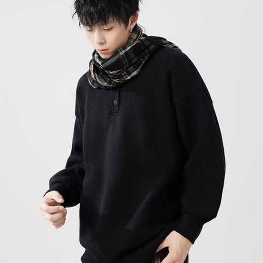 American retro Henry collar sweater for men and women, autumn trendy brand, loose off-shoulder casual sweater, lazy and versatile top, dark gray, regular, high quality, XL, recommended 125-140Jin Jin equals 0.5 kg