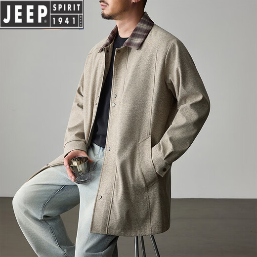 JEEP SPIRIT Men's Spring and Autumn Mid-length Jacket Large Size Fat People Loose Trendy Handsome Casual Versatile Windbreaker Solid Color Jacket Khaki 2XL