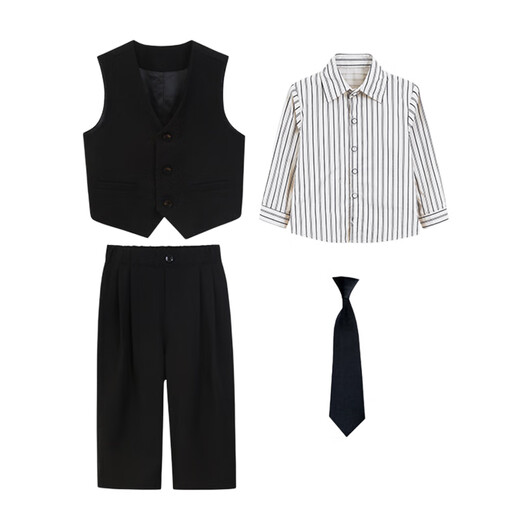 萝卜呗呗儿童西装男童秋季礼服男孩花童主持西服走秀服 黑色四件套 120