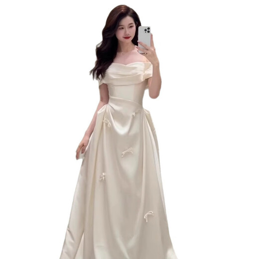 Grosfairy French satin other shoulder light wedding dress bride 2025 new style welcome door veil simple engagement dress white L