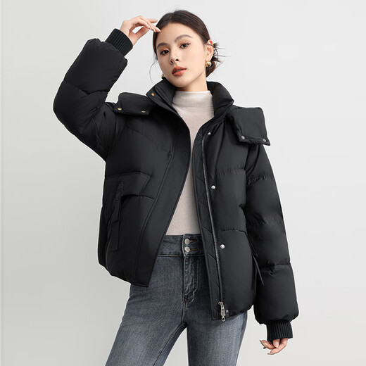 Flying in the snow short down jacket for women 2025 winter new hooded casual thickened warm 90 velvet jacket trendy black M