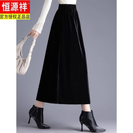 Hengyuanxiang black velvet skirt for women spring and autumn 2025 new large size small gold velvet skirt a-line skirt mid-length black M recommended 95-104 Jin Jin equals 0.5 kg