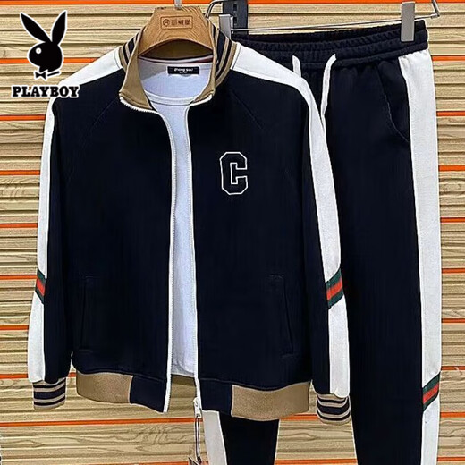 Playboy Spring and Autumn New Light Luxury Versatile Sports and Leisure Suit Men's Letter C Stand Collar Jacket Fashionable and Handsome Two-piece Set Black Complete Set 2XL 110-130Jin Jin is equal to 0.5 kg