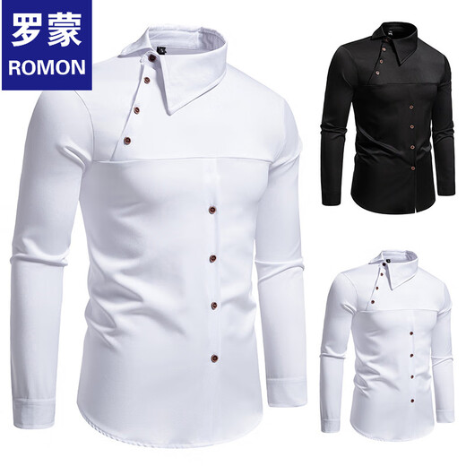 ROMON 2025 new men's European size personalized inclined button Henry collar long-sleeved shirt men's casual shirt white M