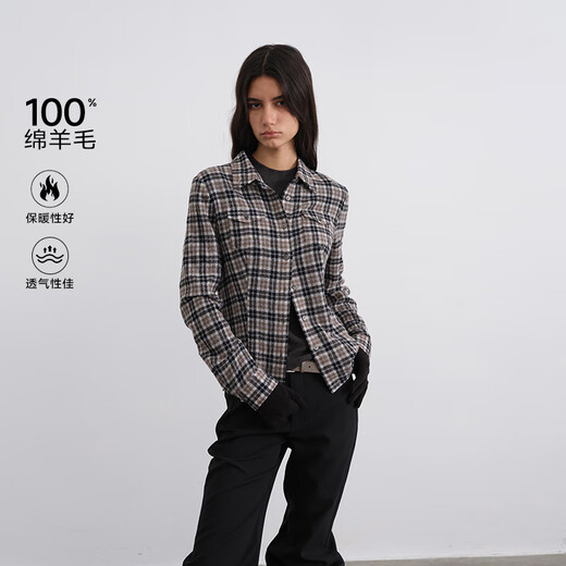 GREEN BELT full wool contrasting color patchwork waist plaid shirt for women 2025 winter casual slim long-sleeved top