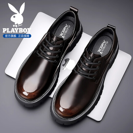 花花公子皮鞋男鞋牛皮2025秋冬季新款商务休闲正装英伦增高德比皮鞋子男 棕色【臻品典藏】 44