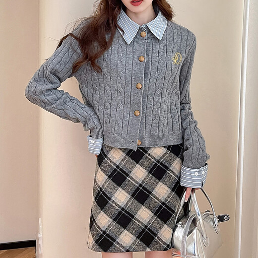 TonLion 2025 Autumn and Winter Spliced Woven Fabric Cable Small Embroidery Women's Sweater Cardigan