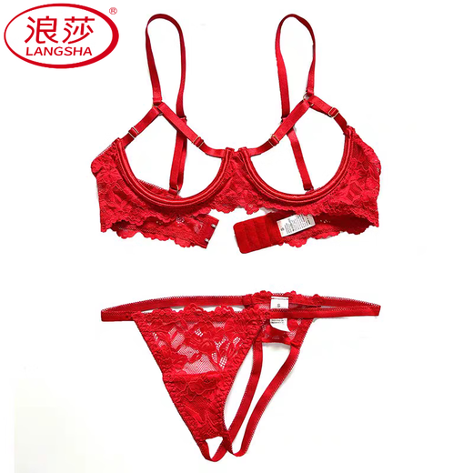 LangSha Small Breast Revealing Large Lace Underwired Push-up Push-Up Hollow Bra Sentimental Underwear Revealing Breast Bra Bra Set Red (Half Cover Style) M Suitable for 80ABCD x Others