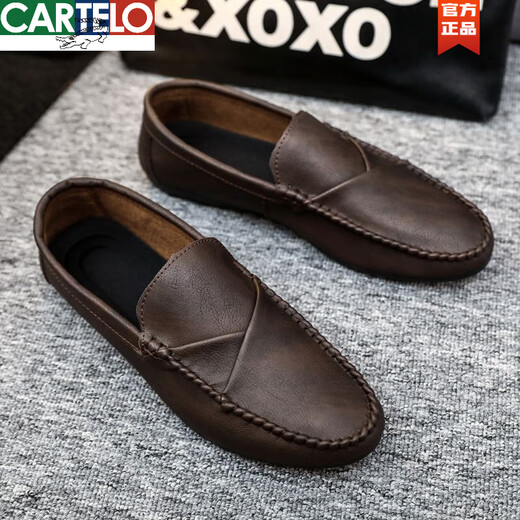 CARTELO men's beanie shoes Korean version of business work casual leather shoes breathable and versatile non-slip one-foot men's shoes 2025 spring S10-D829 black upgrade model 44
