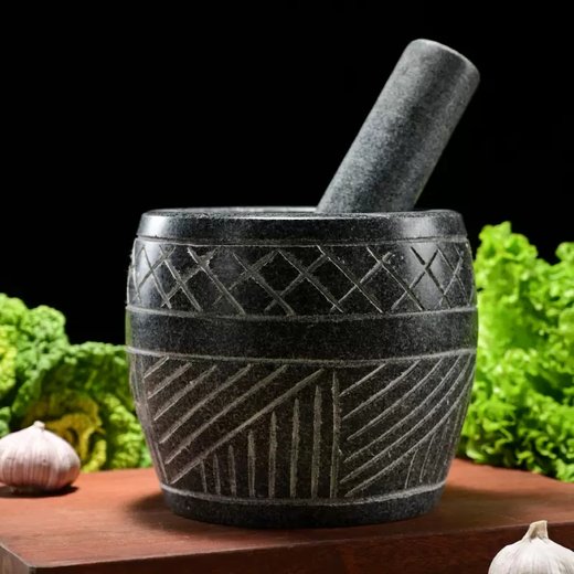 Yusenyi large handmade garlic press stone garlic mortar household grinder stone mortar for pounding medicine, smashing pepper, peeling garlic garlic press large black stone carving with stone handle