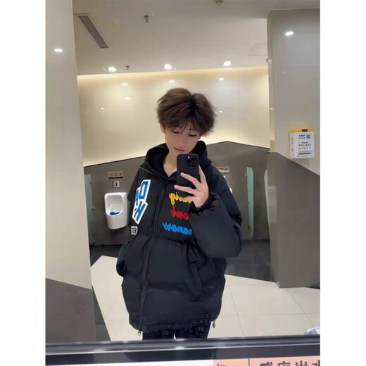 Luosenchi (LUOSENCHI) winter down jacket for men and women, national fashion, American trend, embroidered letters, loose, fashionable, thickened and warm bread coat, black main picture embroidered style, thickened and warm, non-slip cotton S