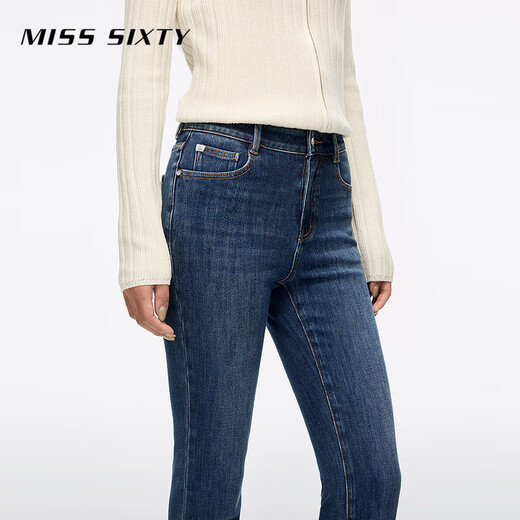 MISS SIXTY2025 new winter jeans for women with cashmere slim stretch thick retro flared trousers medium dark blue short version 25