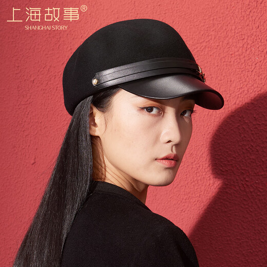 Shanghai Story Women's 100% wool woolen hat autumn and winter newsboy hat thickened and warm as a birthday gift, black