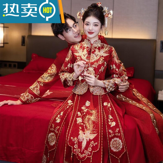 
Shantoulin Village wedding dress, phoenix crown, robe and couple Xiuhe clothes 2025 bride wedding toast clothes, small wedding dress, Chinese wedding dress, Fenglaiyi pleats, diamonds and red beads, S Recommended 100-120 Jin [Jin equals 0.5 kg]