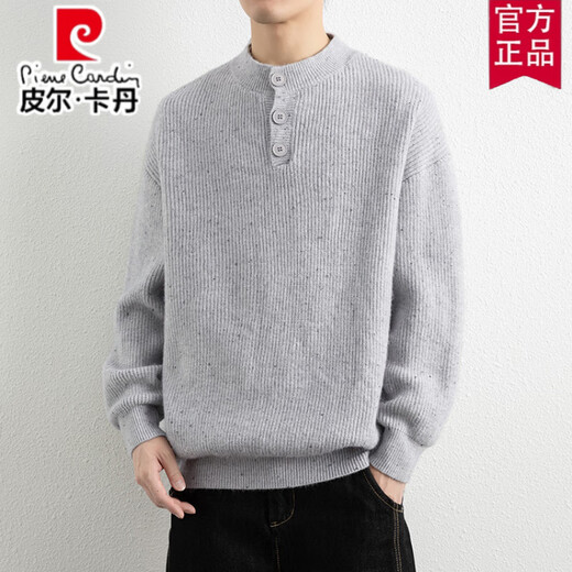 Pierre Cardin American Heavy Henley Collar Sweater Men's Autumn and Winter New Thick Wool Sweater Loose Warm Pullover Sweater Gray S 165