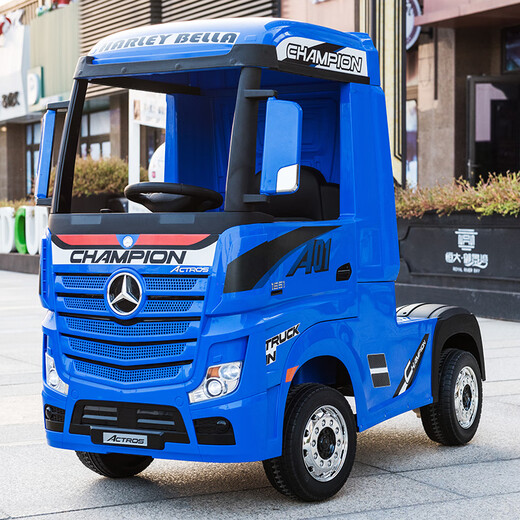 Tianlin Benz truck front children's electric car remote control four-wheel large truck truck express trailer trailer toy car blue front + four-wheel drive + leather seat + remote control + self-driving + shock absorber wheels