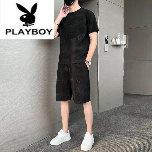 花花公子（PLAYBOY）纯棉2023新款冰丝短袖T恤套装男士休闲运动两件套男装宽松夏季潮 671浅灰色套装 M 80斤-110斤