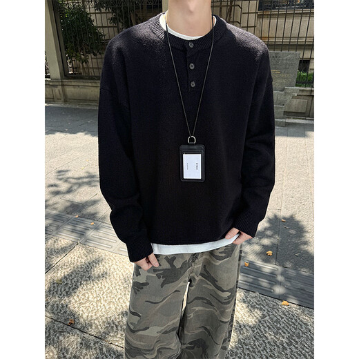 Shelley Jonescleanfit henley collar sweater men's autumn and winter new loose trendy warm sweater with long sleeves white floral gray L recommended 110-125Jin Jin equals 0.5 kg