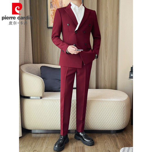Pierre Cardin double-breasted color-blocked suit for men, high-end, slim, business casual, versatile groom's wedding suit, two-piece suit, white suit + trousers 3XL (155-165Jin Jin equals 0.5kg)