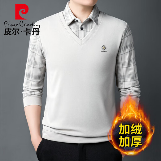 Pierre Cardin long-sleeved T-shirt men's autumn and winter tops velvet thickened casual fake two-piece bottoming shirt dark gray plus velvet 2XL