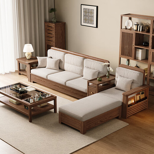 Small wooden nest sofa, mid-century style ash solid wood sofa, simple home living room combination, winter and summer dual-use small apartment furniture, straight row of four people (2+2), high box storage