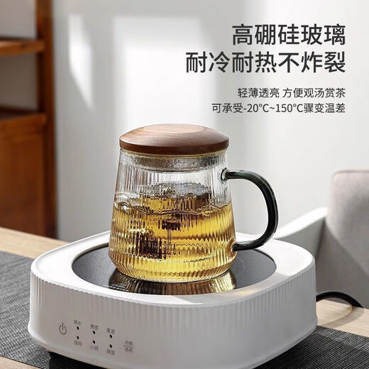 Round and interesting vertical pattern tea cup water cup tea water separation heat-resistant glass men's tea cup women's high-end personal use walnut lid vertical pattern cup 450ml