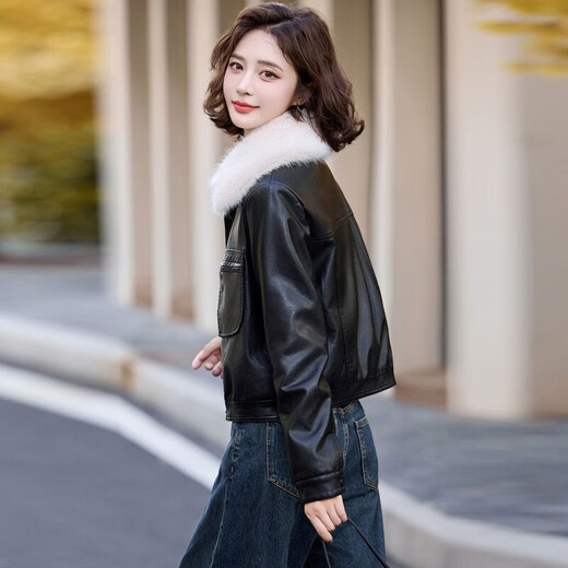Playboy (PLAYBOY) brand Haining detachable fur collar leather jacket for women 2025 autumn and winter new velvet thickened leather jacket motorcycle wear fur detachable fur collar brown XL size recommended 105-120 Jin Jin equals 0.5 kg