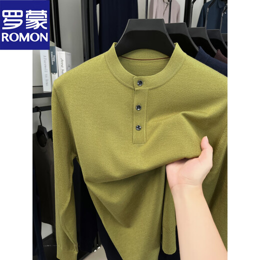 ROMON Men's Henley Collar Buttoned Sweater with Wool Long Sleeve Bottoming Shirt Solid Color Versatile Sweater Old Money Style Autumn and Winter Pearl Apricot XL