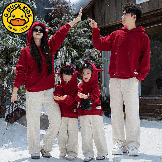 G.duck parent-child clothing for a family of three 2025 new mother-daughter mother-child red New Year's sweatshirt four-person family New Year's greetings clothing autumn and winter burgundy hooded velvet sweatshirt 175 Dad L
