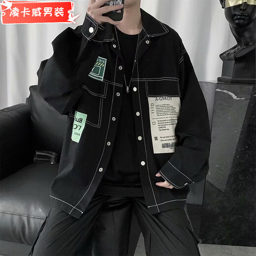 凌卡戚春秋季日系拼接男士牛仔夹克潮流学生韩版衬衫青少年宽松工装外套 L15886 M (90-105斤)