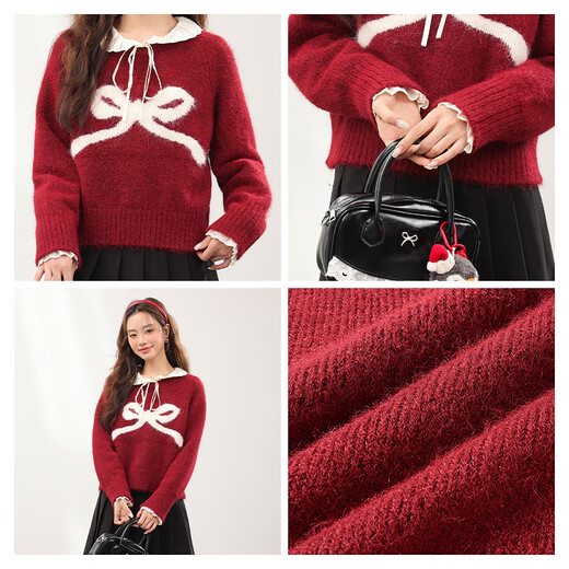 MJ STYLE Qiji red bow short sweater for women 2026 winter sweet style design round neck inner sweater top