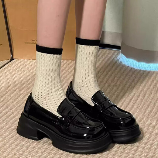 Lugeli loafers women's British style high-rise leather shoes 2025 new round toe versatile jk uniform thick sole college style single shoes loafers bright leather black 38