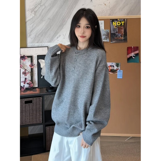 XUANSENTU (XUANSENTU) American retro Henry collar sweater, lazy and relaxed, soft and waxy sweater for men and women, autumn and winter Korean style top, trendy, light gray, upgraded fabric M