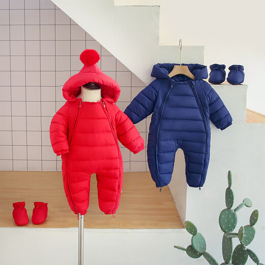 Baby winter clothing, newborn jumpsuit, autumn and winter thickened New Year's Eve baby outing clothes, New Year's greetings clothes set, with footmuffs, green, thickened style + shoes 90cm