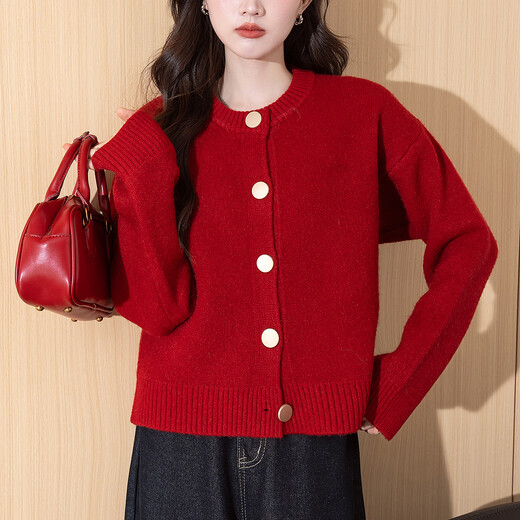 TonLion 2025 Autumn and Winter Sweater Women's American Retro Style Knitted Cardigan Jacket Red High-end Fashion Versatile Trend