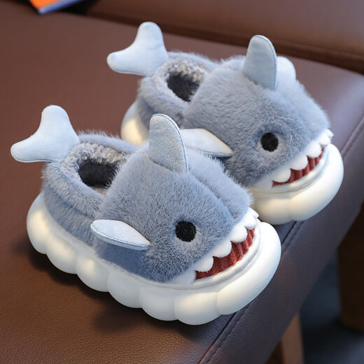 Yi Cong children's cotton shoes winter cartoon shark boys and girls indoor non-slip baby plush parent-child home children's cotton slippers gray cotton shoes shark style 22-23 size inner length 13.5 about 1-2 years old