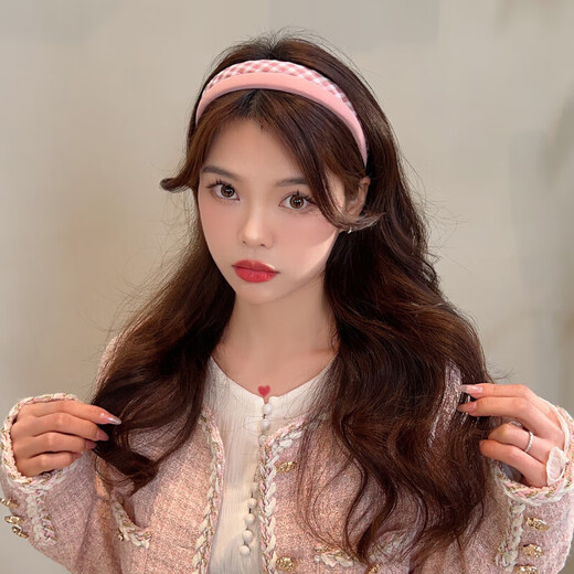 Colorful plaid small hairband for women 2025 girls versatile outgoing card summer high-end sense pressure hair binding headband pink plaid