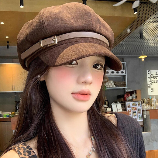 Korean style temperament leather buckle beret for women British style retro literary large head circumference showing face small octagonal painter hat trendy coffee color one size