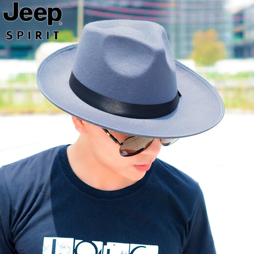 JEEP SPIRIT Shanghai Beach Big Brim Top Hat Men and Women Jazz Hat Black Hat Retro Middle-aged and Elderly Spring Autumn and Winter Woolen Hat Gentleman L142 Large Brim Woolen Black One Size (57-58cm)