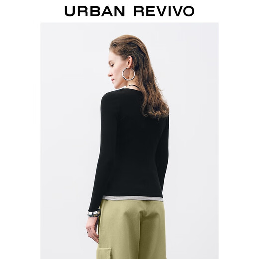 UR2025 new autumn women's contrasting color fake two-piece stitching slim long-sleeved T-shirt UWJ450109+ black M