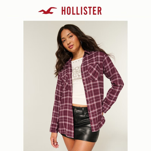 HOLLISTER25秋季新款美式辣妹宽松法兰绒格子衬衫女装340-5455 红色格子 L (165/96A)