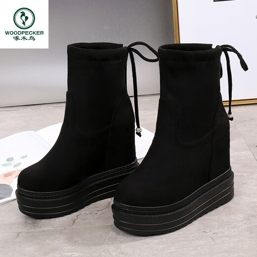 Woodpecker 2025 Autumn and Winter Inner Heightening Thick-soled Short Boots Wedge Super High-heeled Shoes 12CM Mid-calf Boots Suede Stretch Women's Boots Black Heel Height 11cm 34
