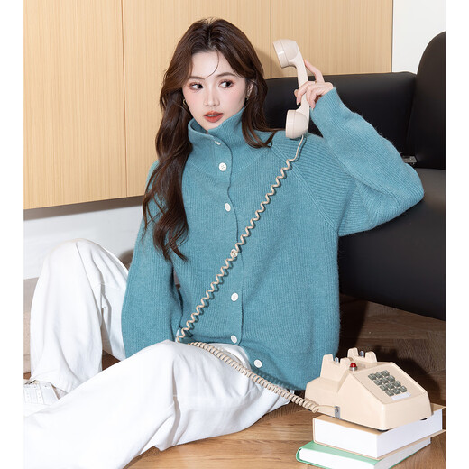 Tangshi 2025 autumn and winter lazy style women's lapel and high collar two-wear cardigan