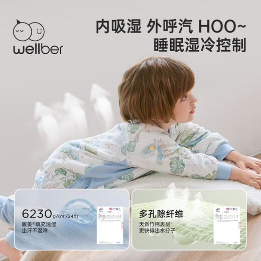 WELLBER constant temperature sleeping bag for infants and toddlers 1-3 years old, silk pajamas, autumn and winter children's anti-kick quilt, thin quilted undersea M