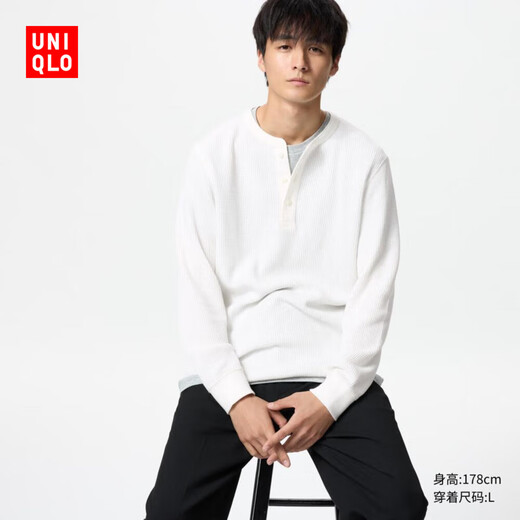 Uniqlo men's clothing/men and women's same style waffle Henry collar pullover long-sleeved T-shirt solid color casual 475353 475353/01 creamy white XL /180/108B