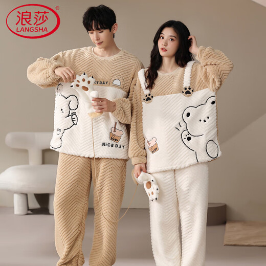 LangSha couple pajamas, one man and one woman, winter coral velvet thickened warm cartoon cute casual wearable home clothes winter 9018 couple M female + L male