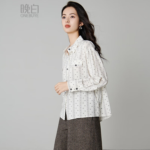 Late White New Product 2025 Autumn Temperament Printed Shirt Skin Friendly Elastic Casual Lapel Shirt for Women Color XL
