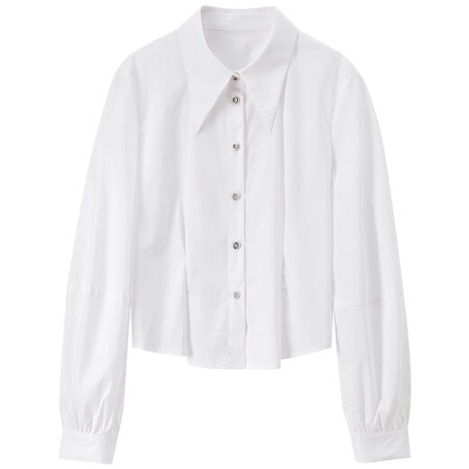Shandubila pointed collar long-sleeved shirt for women in autumn metal buckle pinch pleated waist slimming shirt split design short top