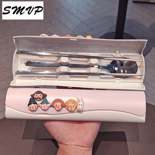 迪士尼（Disney）304不锈钢餐具筷子勺子套装单人儿童便携一人用三件套学生收纳盒 双开盖餐具-粉色(小猫蝴蝶结)